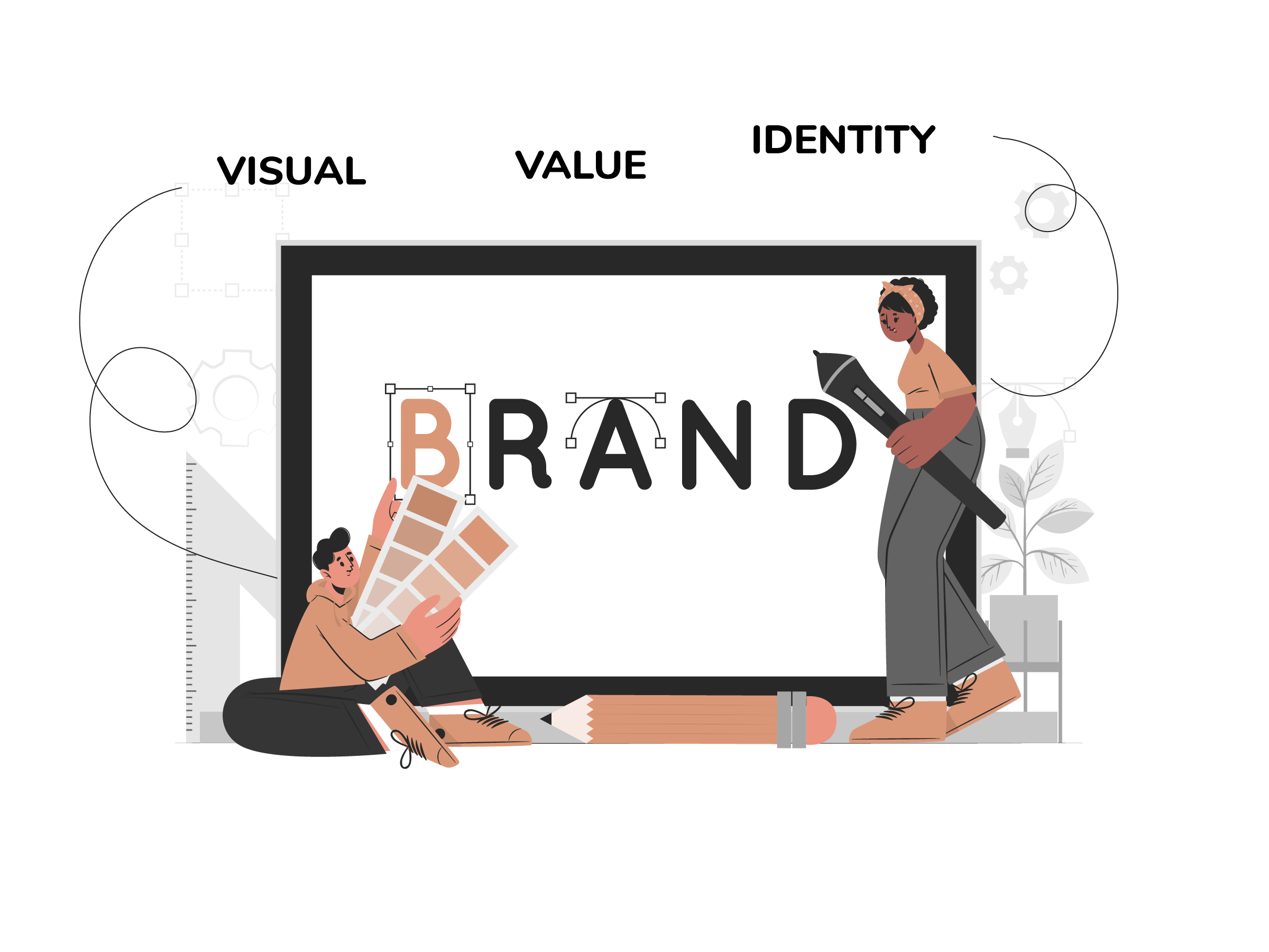 Two individuals are interacting with a large frame that prominently displays the word “BRAND.” One person is seated on the ground, selecting colors from swatches for the letters, while the other stands with a clipboard, possibly evaluating the choices. Surrounding the frame are the words “VISUAL,” “VALUE,” and “IDENTITY,” signifying key aspects of branding.