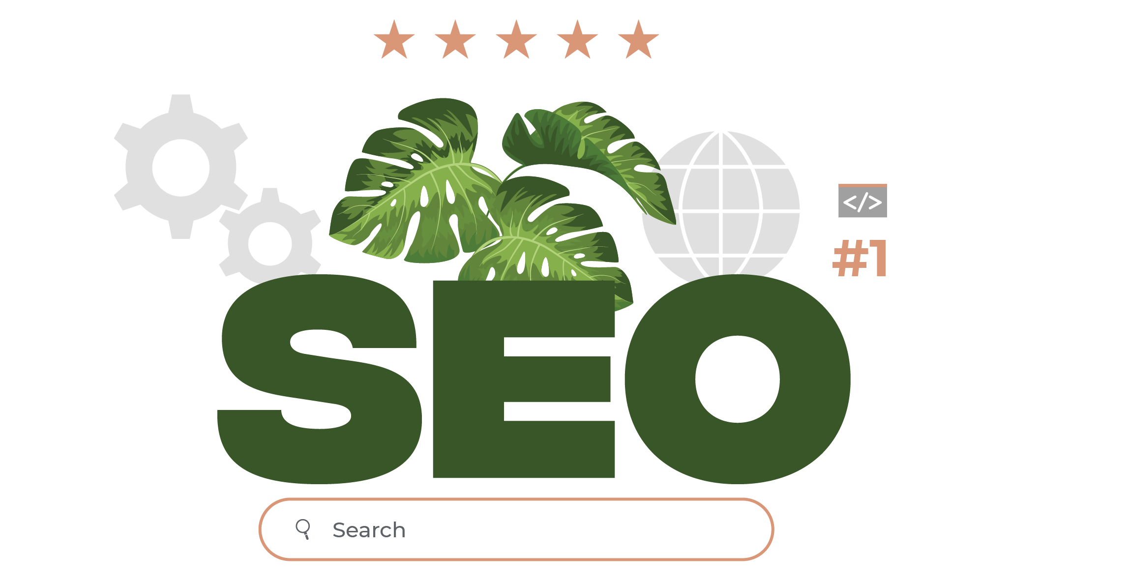 illustration symbolizing Organic SEO, SEO written with green leaves and Stars